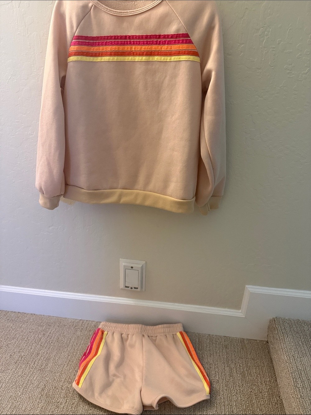 Apricot- Beige Crewneck Sweatshirt & Shorts Set with Rainbow Stripe
